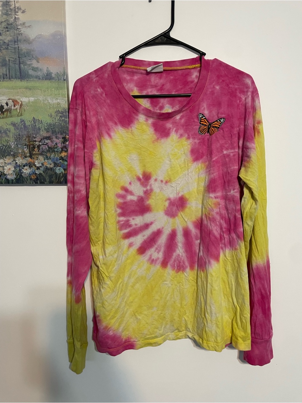 Empyre Pink & Yellow Tie-Dye Long Sleeve Top with Butterfly Patch